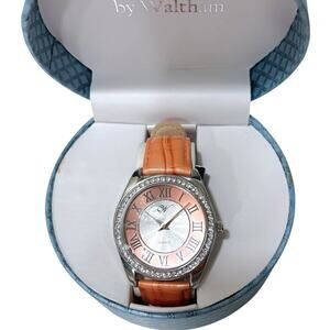 W by Waltham Womens Watch Orange Crock-Embossed Leather Strap Crystal Bezel NIB